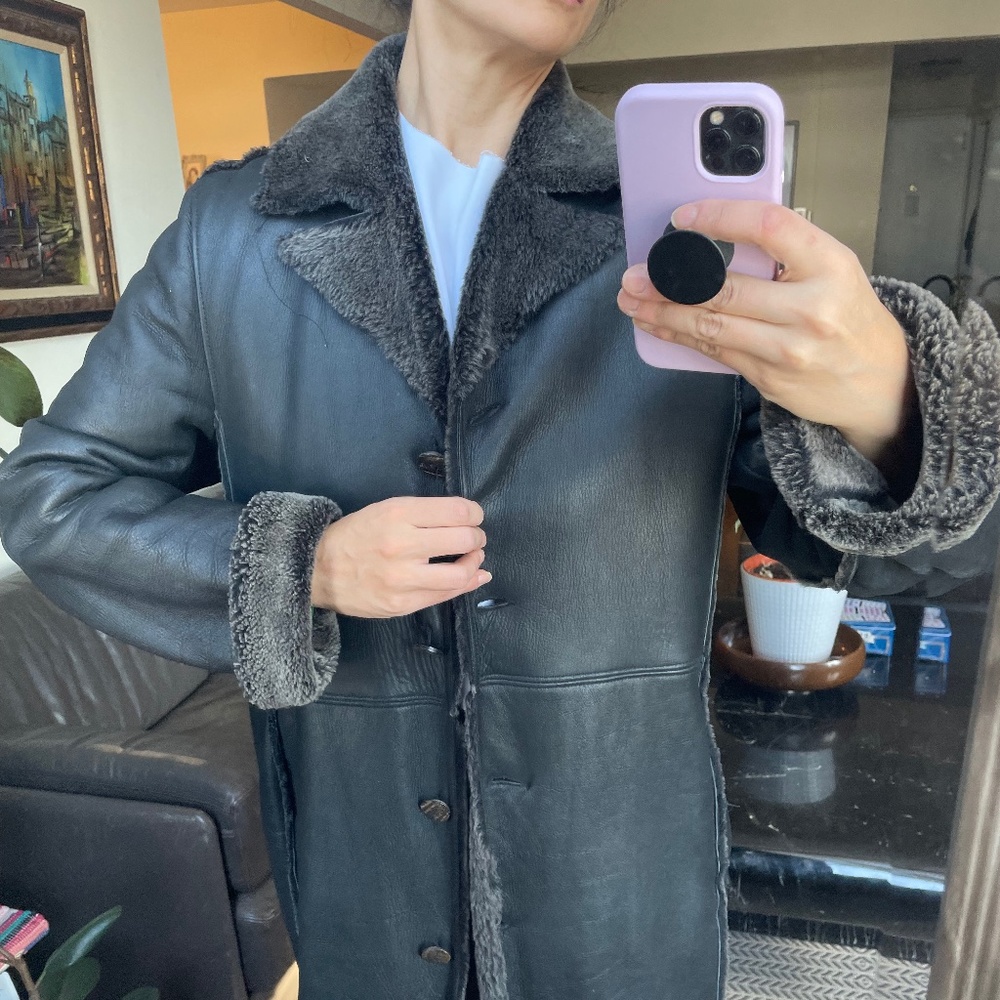 Grey  Real Sheepskin  Leather Duffle Coat